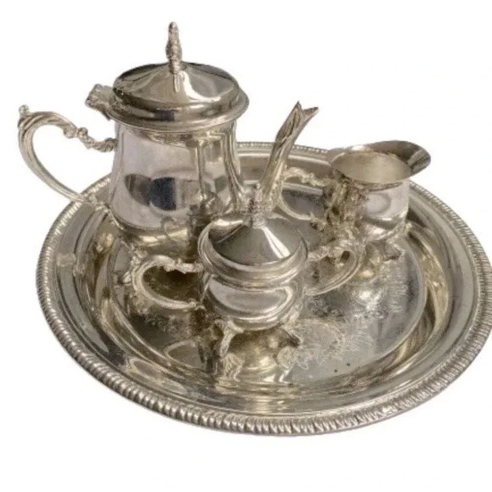 VTG Silver Plate Small 4 piece Coffee Set Teapot Creamer Sugar Bowls & Tray